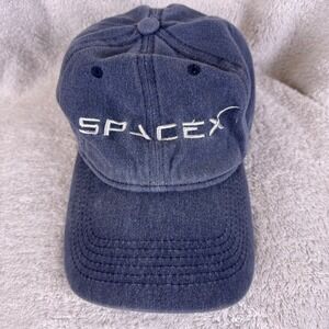 SpaceX Mens Hat Cap Washed Cotton Strap Back Blue Embroidered Logo Space